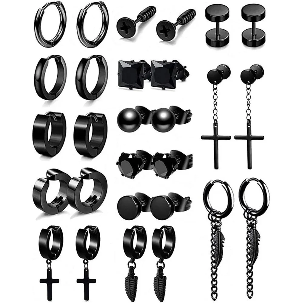 14 pairs Punk Black Hoop Dangle Stud Earrings